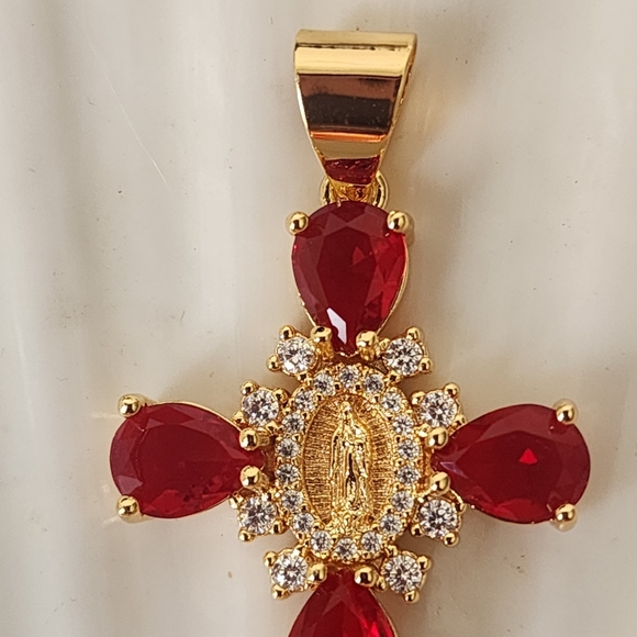 Gold Steel Cross Pendant Crystal Simulated Red Ruby Stones and Virgin Ma… - Picture 3 of 8